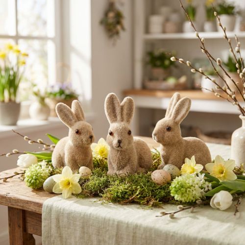 gjenstander Dekorative Flocked Sittende Påskeharer – 2.valg – Fjær 10cm 6 stk