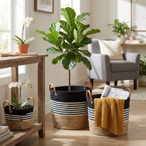 Sett med 3 oppbevaringskurver med håndtak, plantekurv og oppbevaringsbeholder, svart og hvit, naturlig utførelse, stabelbar, Ø32/28/23 cm, H30/25/19 cm | Floristik24.no