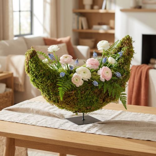 gjenstander Dekorativ blomsterkasse av mose, halvmåneformet med metallbase, naturlig dekorasjon for oppholdsrom og feiringer, 40 × 15 × 30 cm