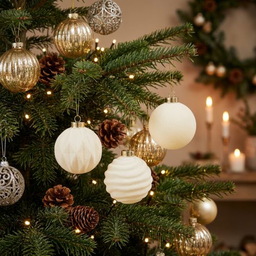 gjenstander Julekule i hvitt, blandede teksturer, 8 cm, 12 stk.