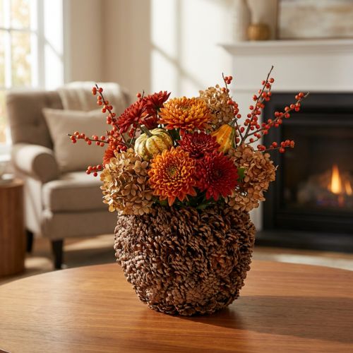 gjenstander Dekorativ blomsterkasse med kongler, naturlig utseende, 27 cm. Rund konglepotte, naturbrun, laget av kongler, 27 cm x 22 cm.