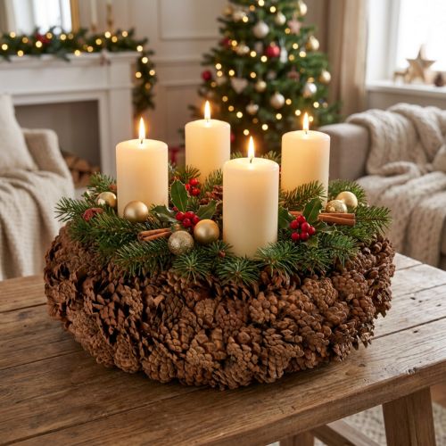 gjenstander Rund konglepotte som blomsterkasse, 38 cm; rund konglepotte, naturbrun, laget av kongler, 38 cm x 14 cm