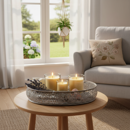 gjenstander Dekorativ metallskål, grått mønster, oval, L36 cm/33,5 cm, sett med 2