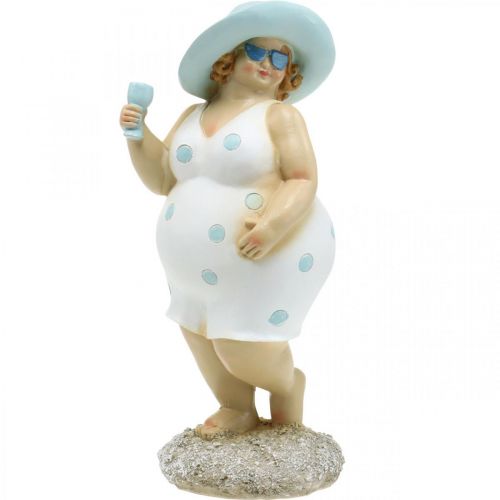 Dame med hatt, sjødekor, sommer, badefigur blå/hvit H27cm