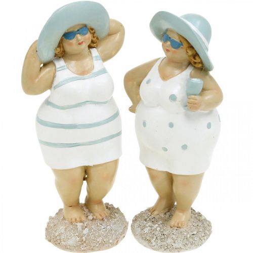 Floristik24 Dekorativ figur damer på stranden, sommerdekorasjon, badefigurer med lue blå/hvit H15/15,5cm sett med 2 stk.
