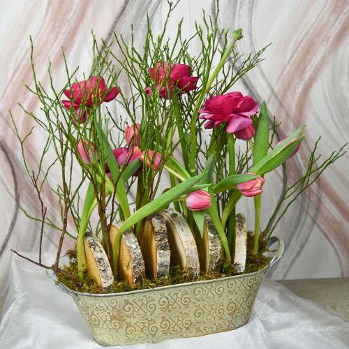 gjenstander Vårdekorasjon blomsterpotte oval metall planteskål med håndtak vintage 28×15cm