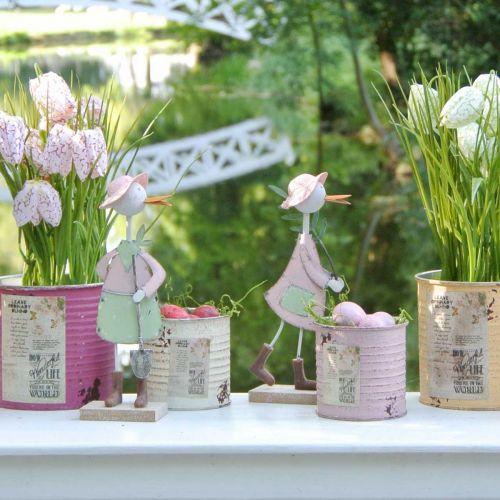 Floristik24 Stork med spade, metallfugl med gren, dekorativ fugl, hagefigur, metalldekor H26/28cm sett med 2