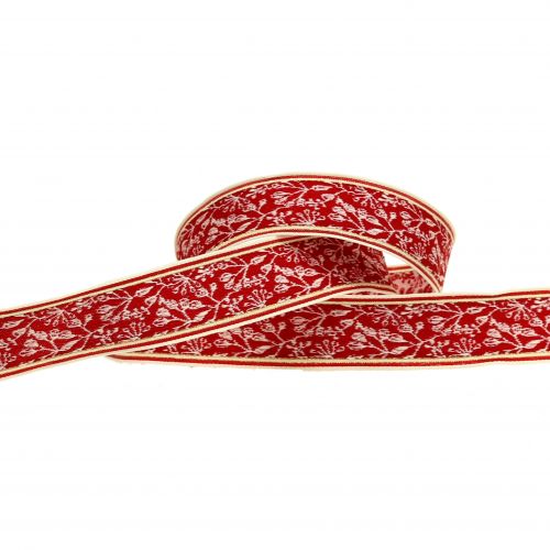 gjenstander Gavebånd bærbuske jacquard med trådkant rød, crème 25mm L15m