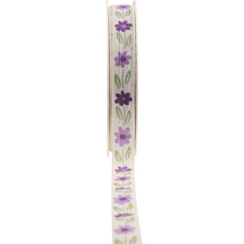 Gavebånd blomster bomullsbånd lilla hvit 15mm 20m