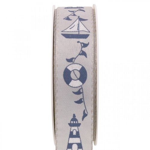 Gavebånd maritim dekorasjon vevd bånd blå, grå 25mm 18m