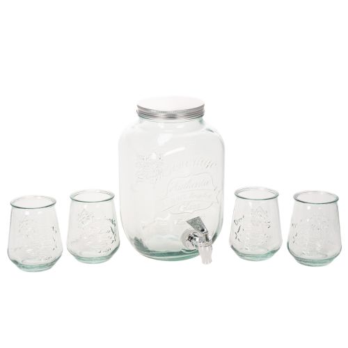 Drikkedispenser i resirkulert glass med tappekran og 4 glass, H25,5 cm