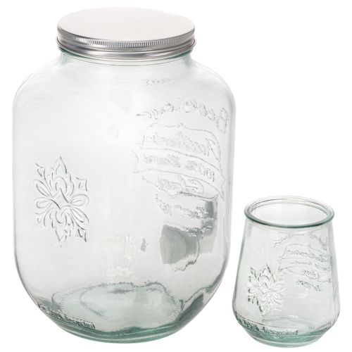 Drikkedispenser i resirkulert glass med tappekran og 4 glass, H25,5 cm | Floristik24.no