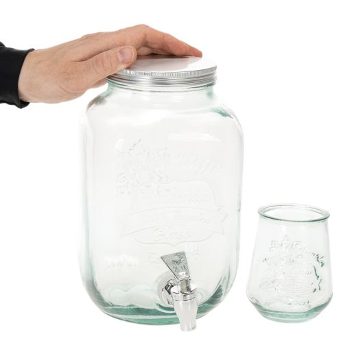 Drikkedispenser i resirkulert glass med tappekran og 4 glass, H25,5 cm | Floristik24.no