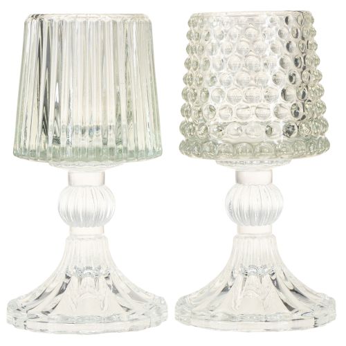 gjenstander Telysholder i glass med prikker og riller i basen, H15 cm, 2 stk.