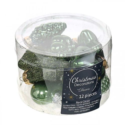 Floristik24 Mini juletrepynt blanding grønt glass Julepynt assortert 4cm 12stk