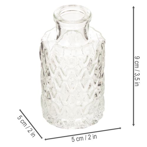 Mini glassvase med diamantmønster, liten bordvase, flaske, gjennomsiktig, 9 cm, 6 stk. | Floristik24.no