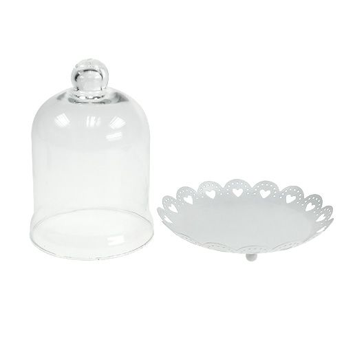 Floristik24 Glasshette med tallerken Ø15,5cm H17cm hvit