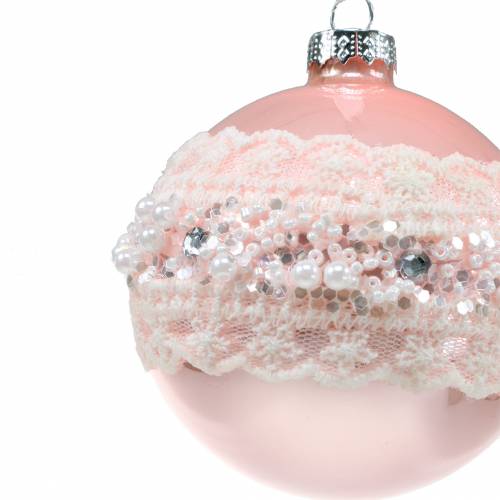 Floristik24 Glasskule rosa med blonder og perler 3stk