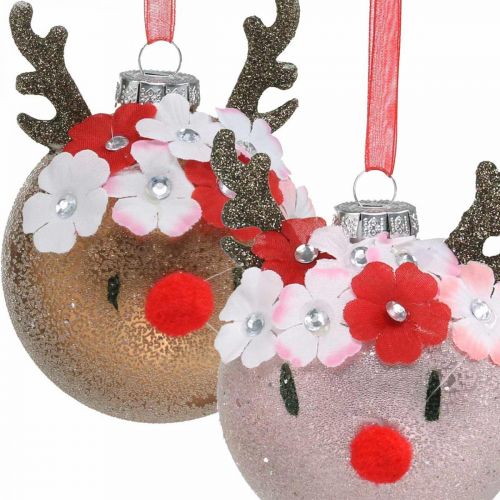 gjenstander Juletreball, reinsdyr med blomsterkrans, adventsdekorasjon, tredekorasjon brun, rosa ekte glass Ø8cm 2stk