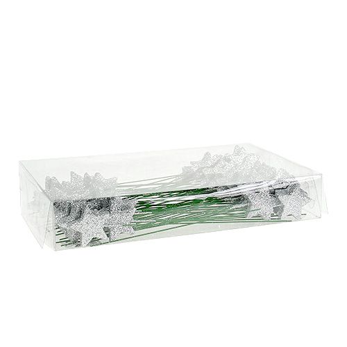 Floristik24 Glitterstjerne sølv 4cm på wire 60stk