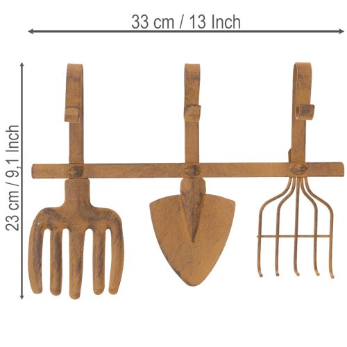Krokskinne for hageredskaper, hagepynt, rive, spade og hakke; metallkledningsstativ laget av rustent metall, L33,5 cm | Floristik24.no