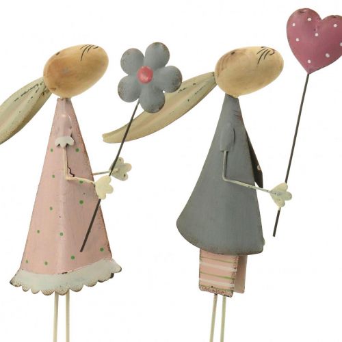 Floristik24 Vårpynt, kaniner laget av metall, påske, kaninpar, Valentinsdag rosa, blå 29,5/31,5 cm sett med 2