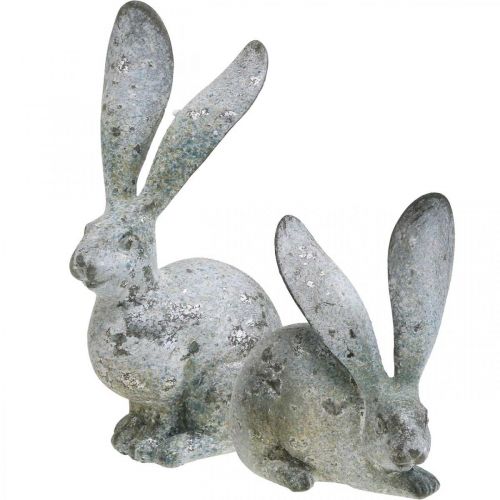 Dekorativ kanin, hagefigur i betonglook, shabby chic, påskedekorasjon med sølvdetaljer H25cm sett med 2