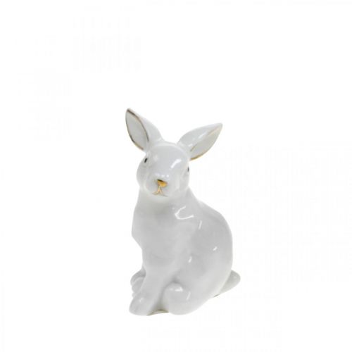 gjenstander Hvit keramikk kanin, påskepynt med gulldekor, vårpynt H7,5cm