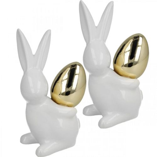 gjenstander Kaniner med gullegg, keramiske kaniner til påske edelhvit, gylden H13cm 2stk