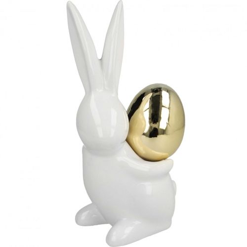 Floristik24 Påskeharer elegante, keramiske kaniner med gullegg, påskepynt hvit, gylden H18cm 2stk