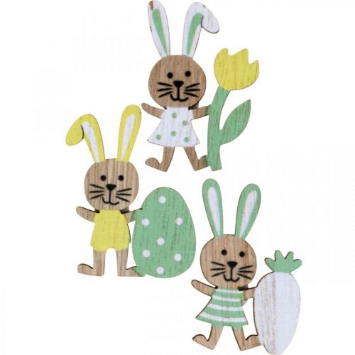 Floristik24 Påskestrøpynt, kaniner med egg, blomst og gulrot, påskehare, spredebiter med lim prikk H5cm 48 stykker