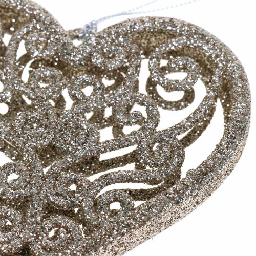 Floristik24 Juletrepynt hjerte champagne glitter 10cm 12stk