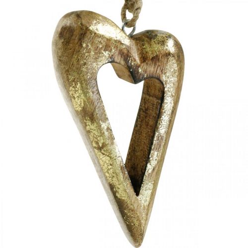 gjenstander Deco hjerte, mango tre gull effekt, tre dekor til å henge 13,5 cm × 7 cm 4 stk