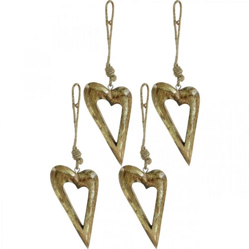 Floristik24 Deco hjerte, mango tre gull effekt, tre dekor til å henge 13,5 cm × 7 cm 4 stk