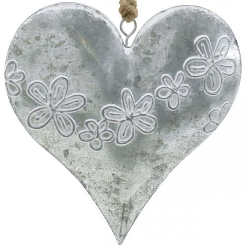 Hjerter å henge, metalldekor med preging, valentinsdag, vårdekor sølv, hvit H13cm 4stk