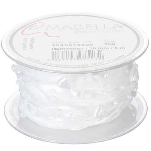 gjenstander Bryllupsdekorasjon organzabånd hvitt 10mm x 5m med hjerter og perler