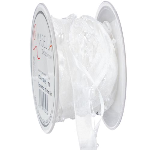 Floristik24 Bryllupsdekorasjon organzabånd hvitt 10mm x 5m med hjerter og perler