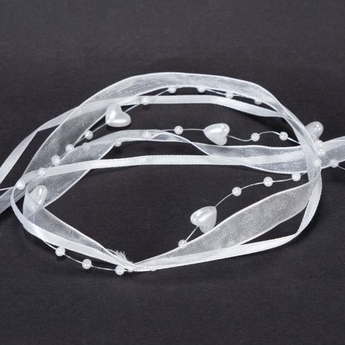 gjenstander Bryllupsdekorasjon organzabånd hvitt 10mm x 5m med hjerter og perler