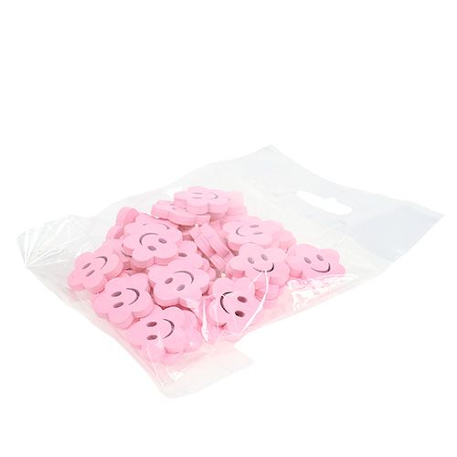 gjenstander Treblomst med ansikt rosa 2,5cm 48 stk