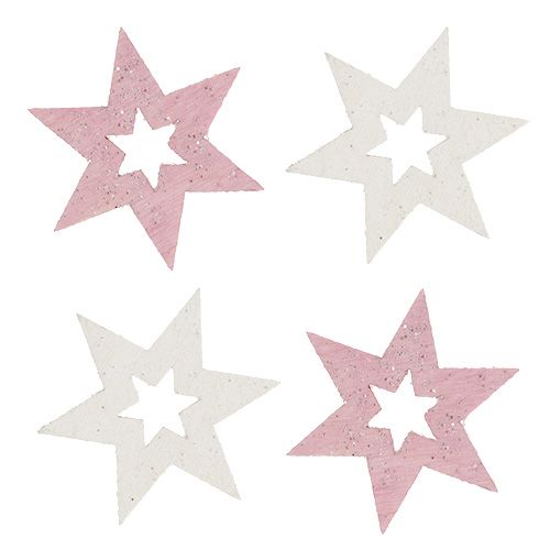 Trestjerne 3,5 cm rosa / hvit med glitter 72 stk