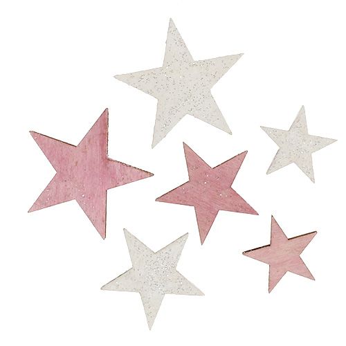 Trestjerne 3-5cm rosa/hvit med glitter 24 stk