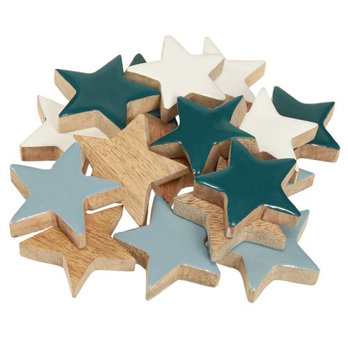 gjenstander Borddekorasjon i tre med stjerner, hvit, blå, turkis, 5 cm, 12 stk.