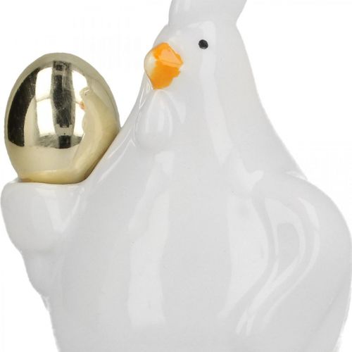 Dekorativ kylling med gullegg, påskefigur porselen, påskepynt høne H12cm 2stk