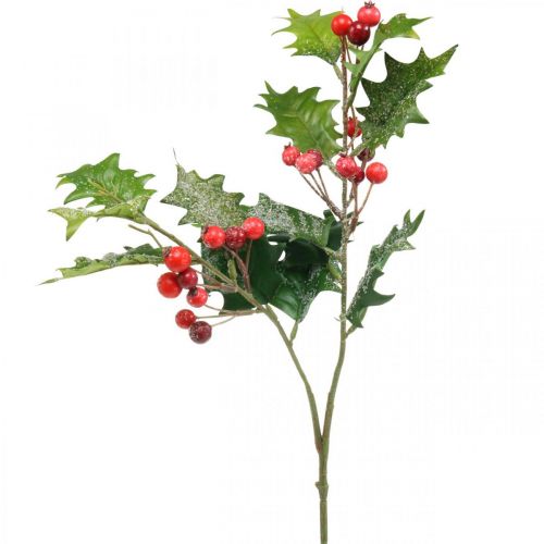 Floristik24 Kunstig kristtorngren, vinterbær, julepynt, kristtorn snødekt grønn, rød L63cm