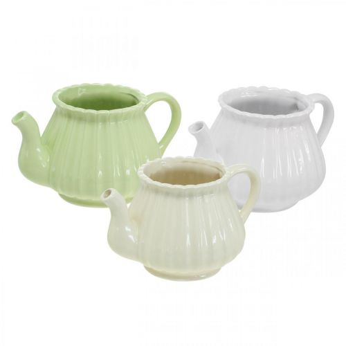 Dekorativ kaffekanne i keramikk, plantekrukke grønn, hvit, krem L19cm Ø7,5cm