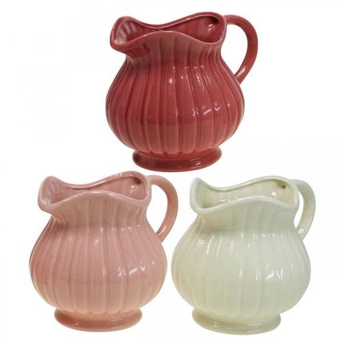Dekorativ vase, kanne med håndtak keramikk hvit, rosa, rød H14,5cm 3stk