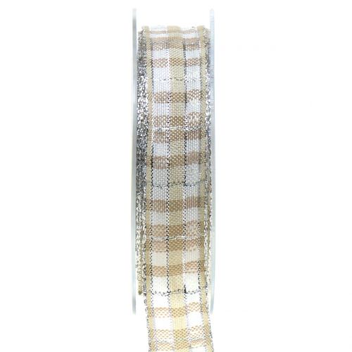 Floristik24 Rutebånd med glimmer naturlig sølv 25mm 15m