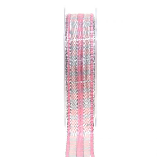 Floristik24 Rutebånd med glimmer rosa-sølv 25mm 15m