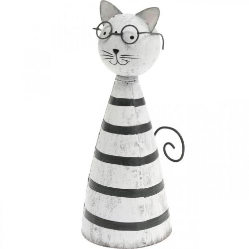 Katt med briller, dekorativ figur til plass, kattefigur metall sort og hvit H16cm Ø7cm