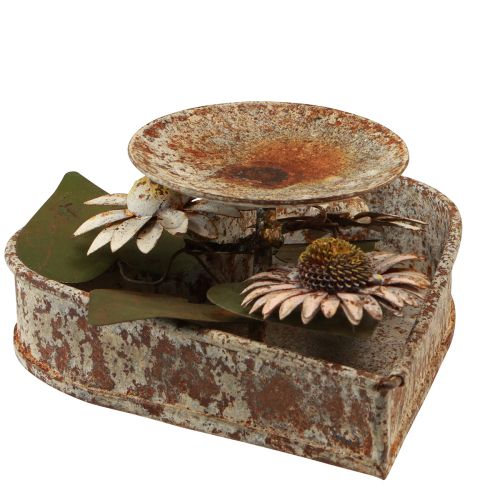 Lysestake metallhjerte med blomster telysholder vintage rust 14×13cm